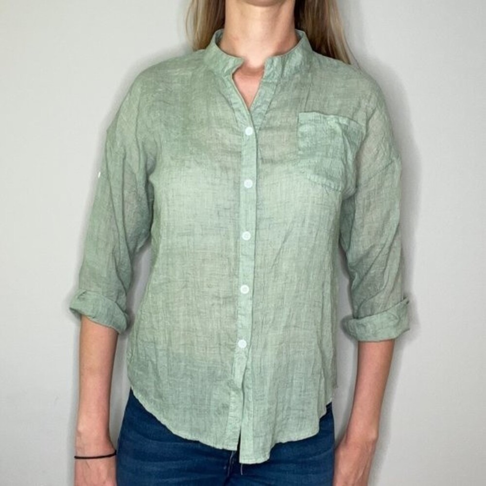 Linen Blend Style Light Green Button Down Blouse 3/4 Sleeve L